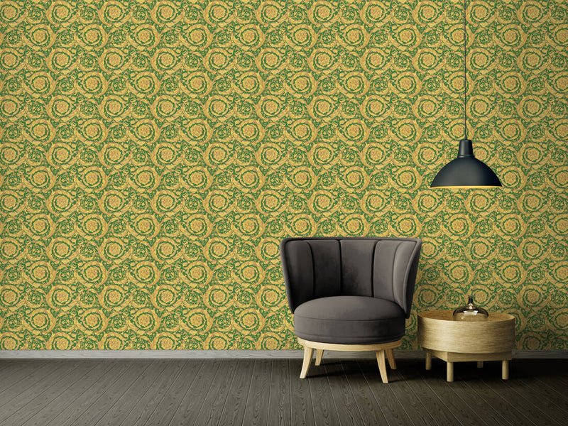 media image for Baroque Textured Damask Wallpaper in Green/Beige from the Versace IV Collection 255
