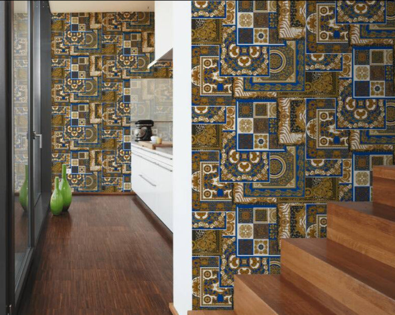 media image for Classical Deco Textured Damask Wallpaper in Blue/Gold from the Versace IV Collection 280