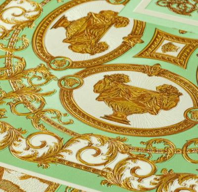 product image for Classical Deco Textured Damask Wallpaper in Green/Gold from the Versace IV Collection 85