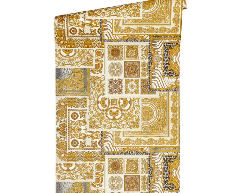 media image for Classical Deco Textured Damask Wallpaper in Cream/Gold from the Versace IV Collection 240