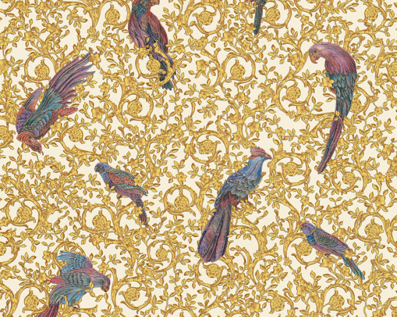 media image for Floral Bird Scrollwork Textured Wallpaper in Gold/Cream from the Versace IV Collection 231