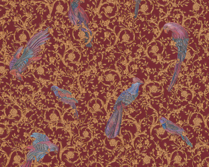 media image for Floral Bird Scrollwork Textured Wallpaper in Red/Gold from the Versace IV Collection 286