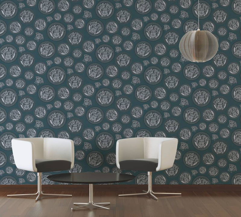 media image for Medusa Head Textured Wallpaper in Black/Blue from the Versace V Collection 258