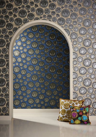 product image for Medusa Head Textured Wallpaper in Blue/Gold from the Versace V Collection 9