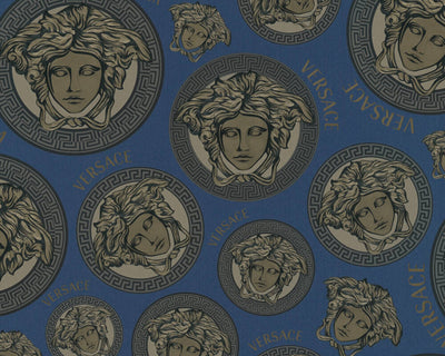 product image of Medusa Head Textured Wallpaper in Blue/Gold by Versace Home 529