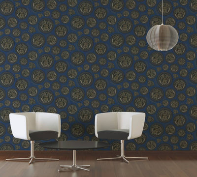 product image for Medusa Head Textured Wallpaper in Blue/Gold from the Versace V Collection 65