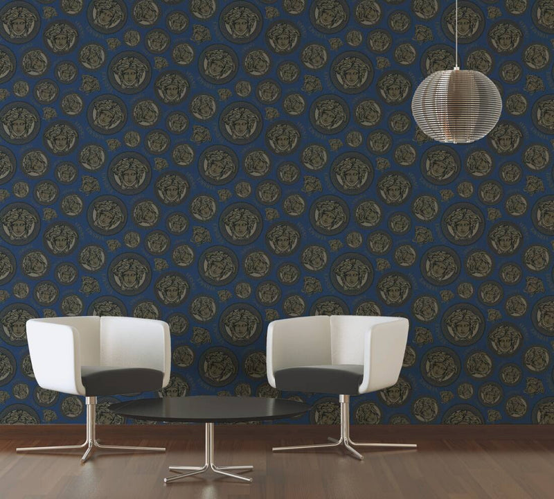 media image for Medusa Head Textured Wallpaper in Blue/Gold from the Versace V Collection 233