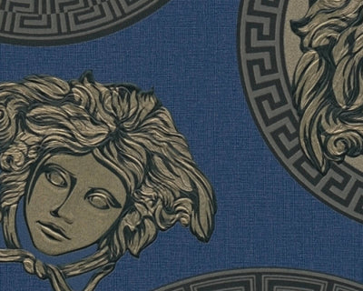 product image for Medusa Head Textured Wallpaper in Blue/Gold from the Versace V Collection 81