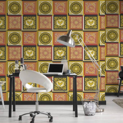 product image for Baroque Squares Textured Wallpaper in Red/Gold by Versace Home 7