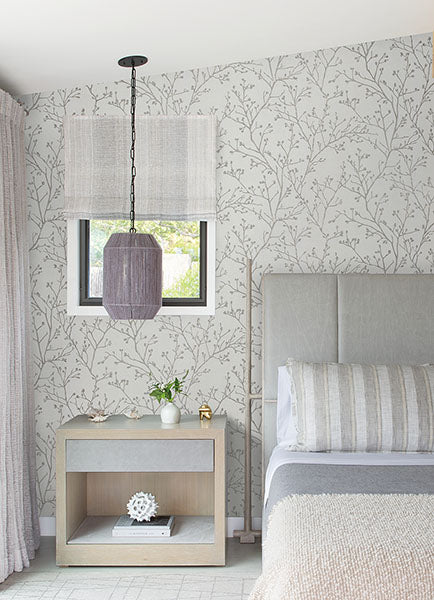 media image for Koura Silver Budding Branches Wallpaper from the Lustre Collection by Brewster Home Fashions 251