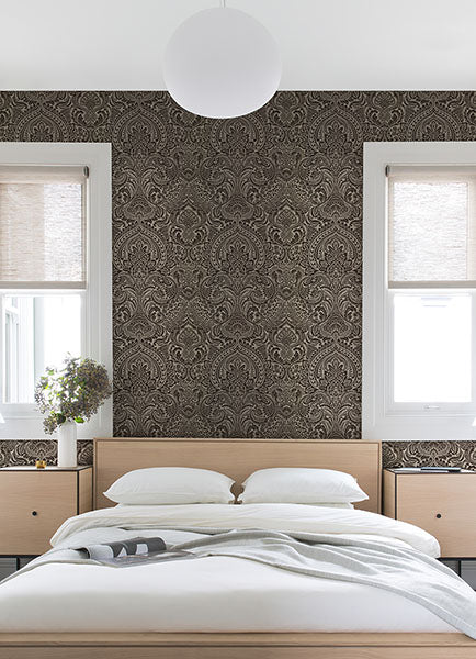 media image for Artemis Espresso Floral Damask Wallpaper from the Lustre Collection by Brewster Home Fashions 272