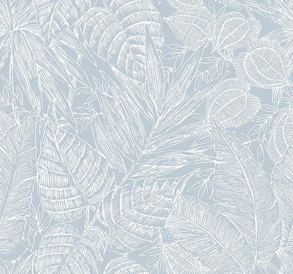 media image for Brentwood Sky Blue Palm Leaves Wallpaper by Scott Living 287