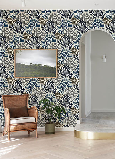 product image for Trousdale Dark Blue Fanning Flora Wallpaper by Scott Living 0