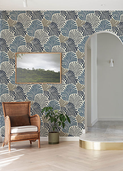 media image for Trousdale Dark Blue Fanning Flora Wallpaper by Scott Living 261