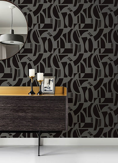 product image for Carter Black Geometric Flock Wallpaper by Scott Living 44