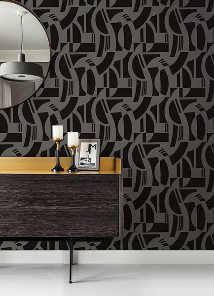 media image for Carter Black Geometric Flock Wallpaper by Scott Living 256