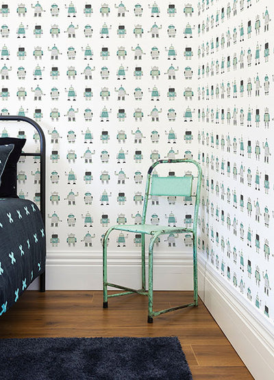 product image for Callum Teal Robots Wallpaper from the Fable Collection by Brewster 3