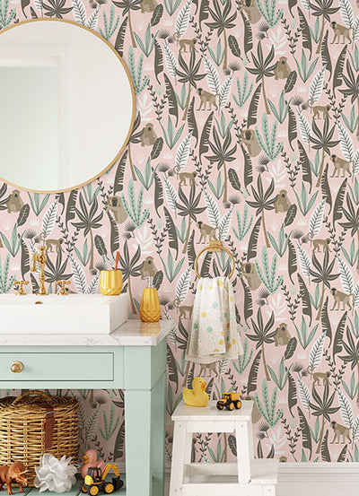 product image for Kiki Pink Monkeys Wallpaper from the Fable Collection by Brewster 53