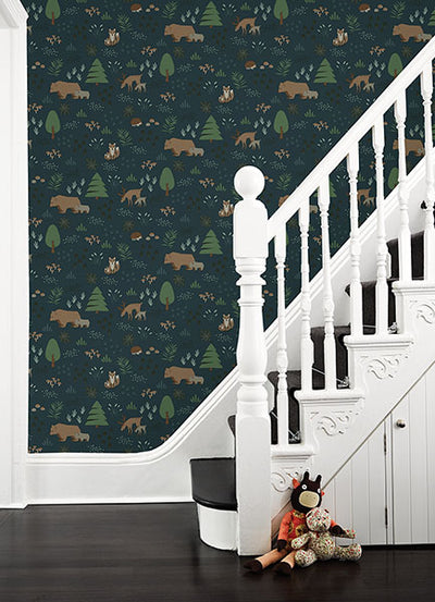 product image for Finola Dark Blue Bears Wallpaper from the Fable Collection by Brewster 87