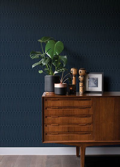 product image for Lars Navy Retro Wave Wallpaper from Hannah Collection by Brewster 86