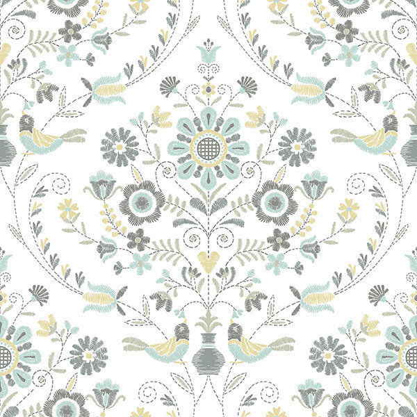 media image for Britt Sea Green Embroidered Damask Wallpaper from Hannah Collection by Brewster 279