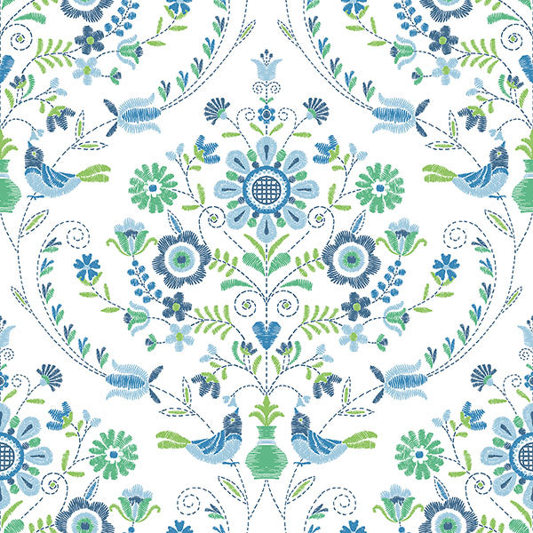 media image for Britt Sapphire Embroidered Damask Wallpaper from Hannah Collection by Brewster 225