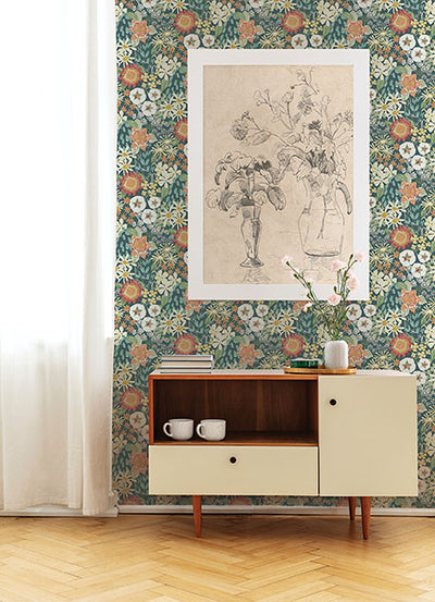 product image for Karina Teal Wildflower Garden Wallpaper from Hannah Collection by Brewster 16