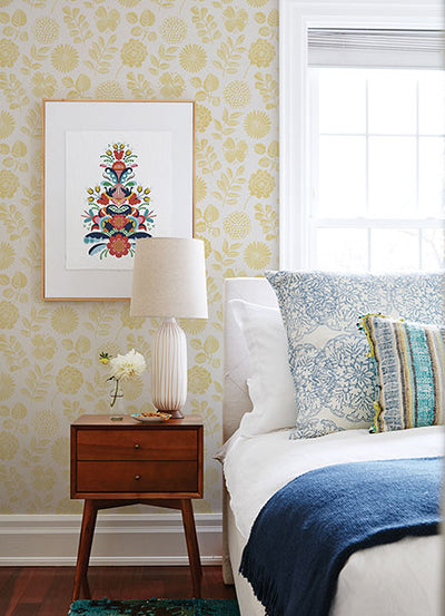 product image for Inge Yellow Floral Block Print Wallpaper from Hannah Collection by Brewster 14