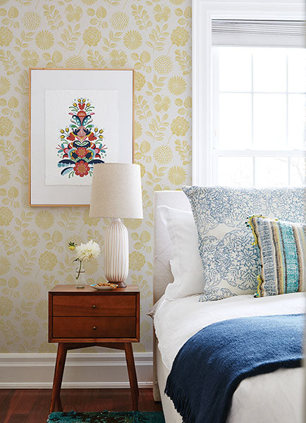 media image for Inge Yellow Floral Block Print Wallpaper from Hannah Collection by Brewster 297