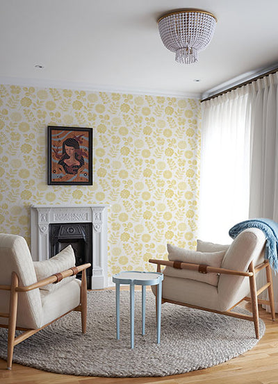 product image for Inge Yellow Floral Block Print Wallpaper from Hannah Collection by Brewster 59