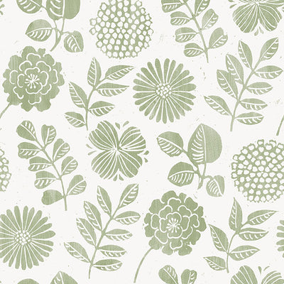 product image of Inge Moss Floral Block Print Wallpaper from Hannah Collection by Brewster 557