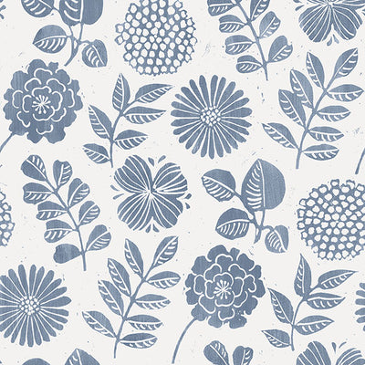 product image for Inge Denim Floral Block Print Wallpaper from Hannah Collection by Brewster 2