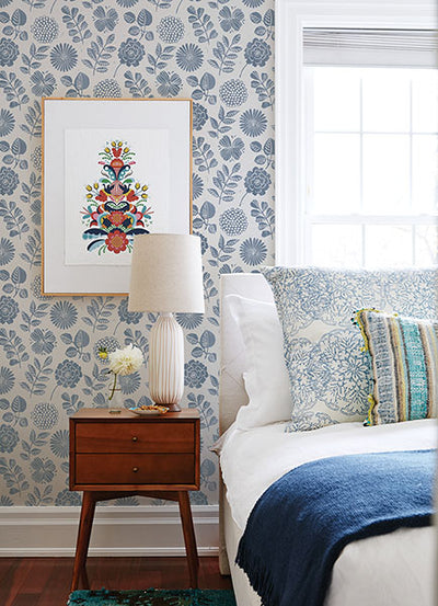 product image for Inge Denim Floral Block Print Wallpaper from Hannah Collection by Brewster 84