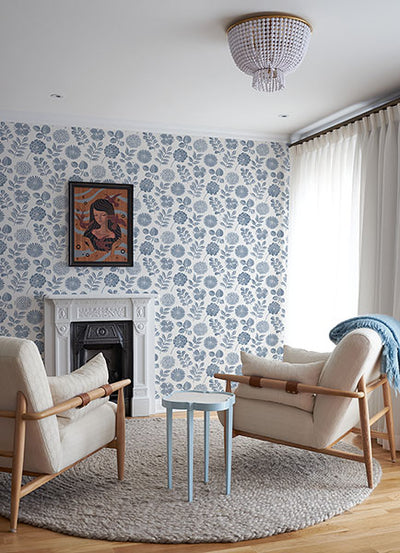 product image for Inge Denim Floral Block Print Wallpaper from Hannah Collection by Brewster 87