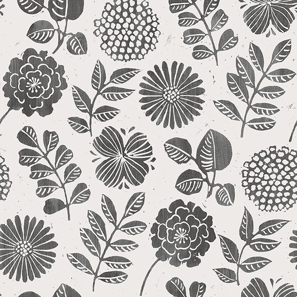 media image for Inge Black Floral Block Print Wallpaper from Hannah Collection by Brewster 264
