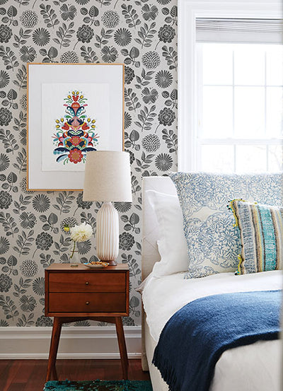 product image for Inge Black Floral Block Print Wallpaper from Hannah Collection by Brewster 64