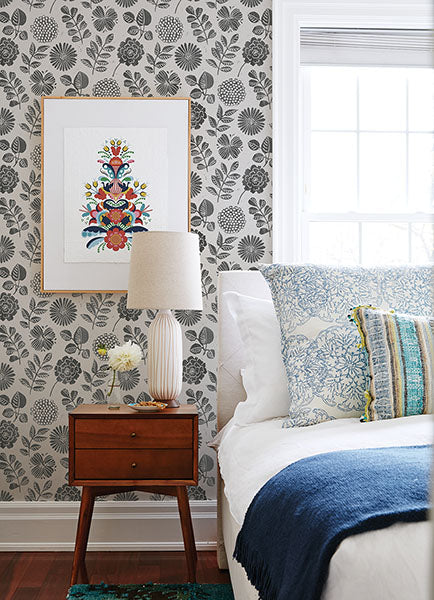 media image for Inge Black Floral Block Print Wallpaper from Hannah Collection by Brewster 287