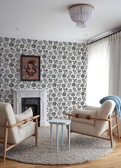 product image for Inge Black Floral Block Print Wallpaper from Hannah Collection by Brewster 77