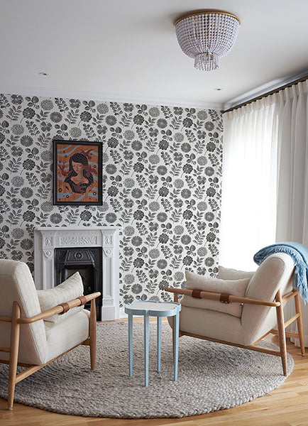media image for Inge Black Floral Block Print Wallpaper from Hannah Collection by Brewster 27