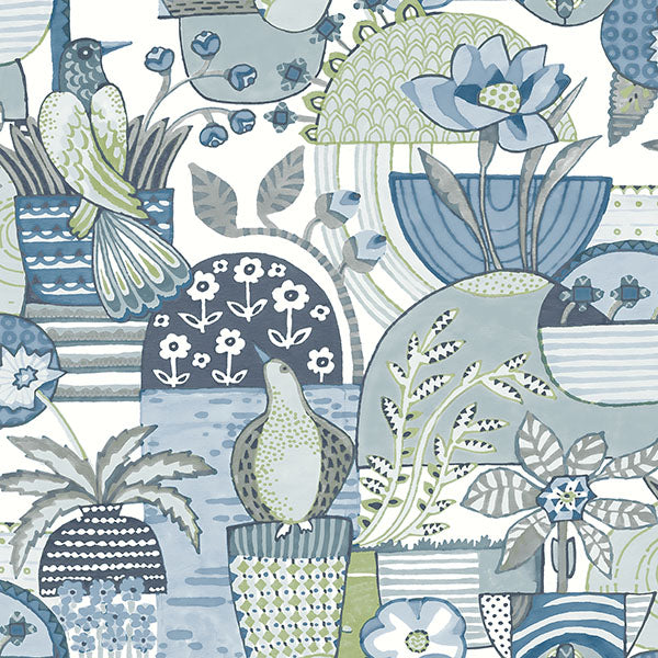 media image for Fika Blue Blissful Birds & Blooms Wallpaper from Hannah Collection by Brewster 264