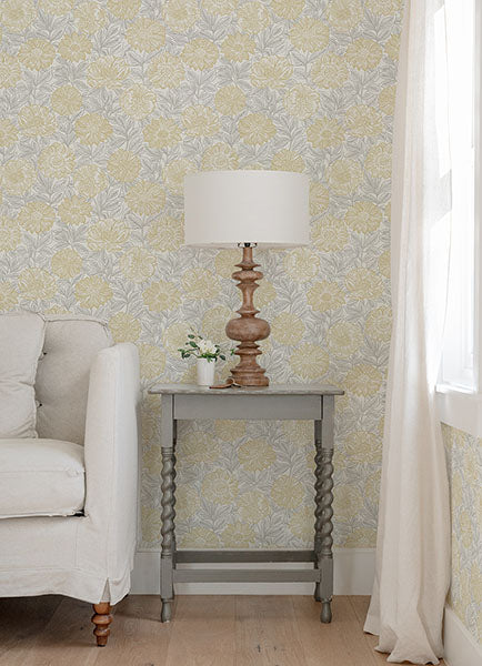 media image for Faustin Yellow Floral Wallpaper from the Delphine Collection by Brewster 229