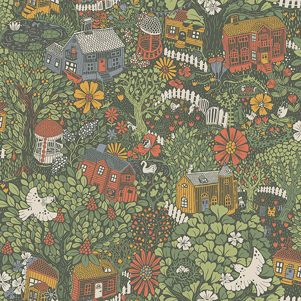 media image for Bygga Bo Green Woodland Village Wallpaper from Briony Collection by Brewster 216