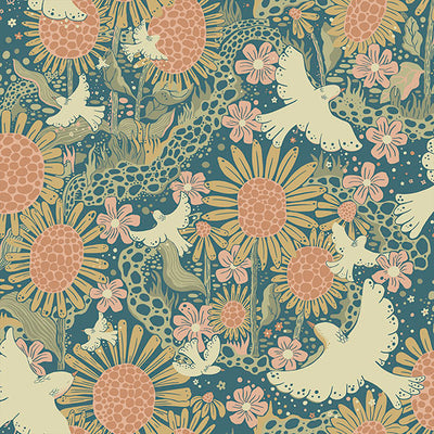 product image of Drömma Teal Songbirds and Sunflowers Wallpaper from Briony Collection by Brewster 555