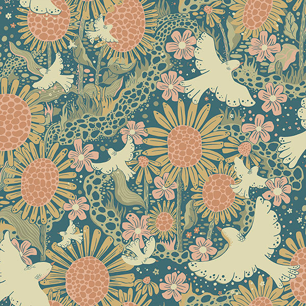 media image for Drömma Teal Songbirds and Sunflowers Wallpaper from Briony Collection by Brewster 23