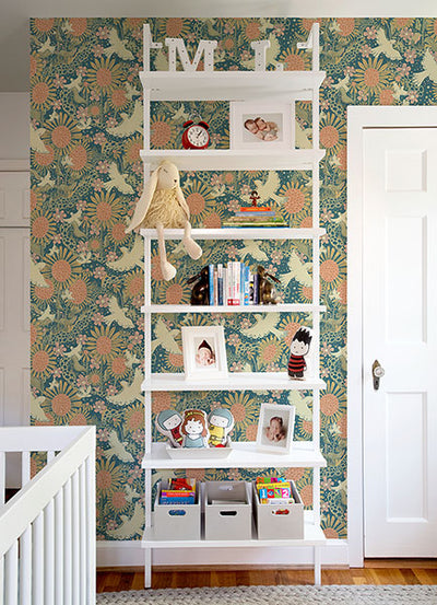 product image for Drömma Teal Songbirds and Sunflowers Wallpaper from Briony Collection by Brewster 40