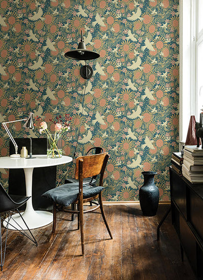 product image for Drömma Teal Songbirds and Sunflowers Wallpaper from Briony Collection by Brewster 97