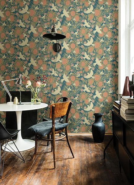 Shop Drömma Teal Songbirds and Sunflowers Wallpaper from Briony ...