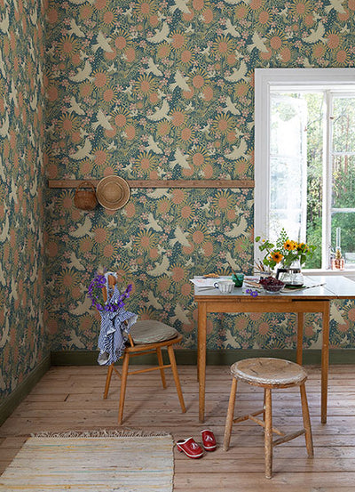 product image for Drömma Teal Songbirds and Sunflowers Wallpaper from Briony Collection by Brewster 2