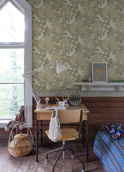 product image for Drömma Sage Songbirds and Sunflowers Wallpaper from Briony Collection by Brewster 54