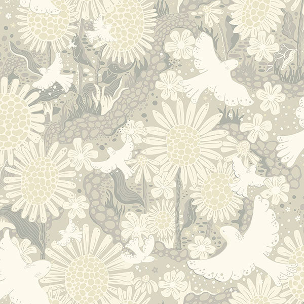 media image for Drömma Light Grey Songbirds and Sunflowers Wallpaper from Briony Collection by Brewster 299